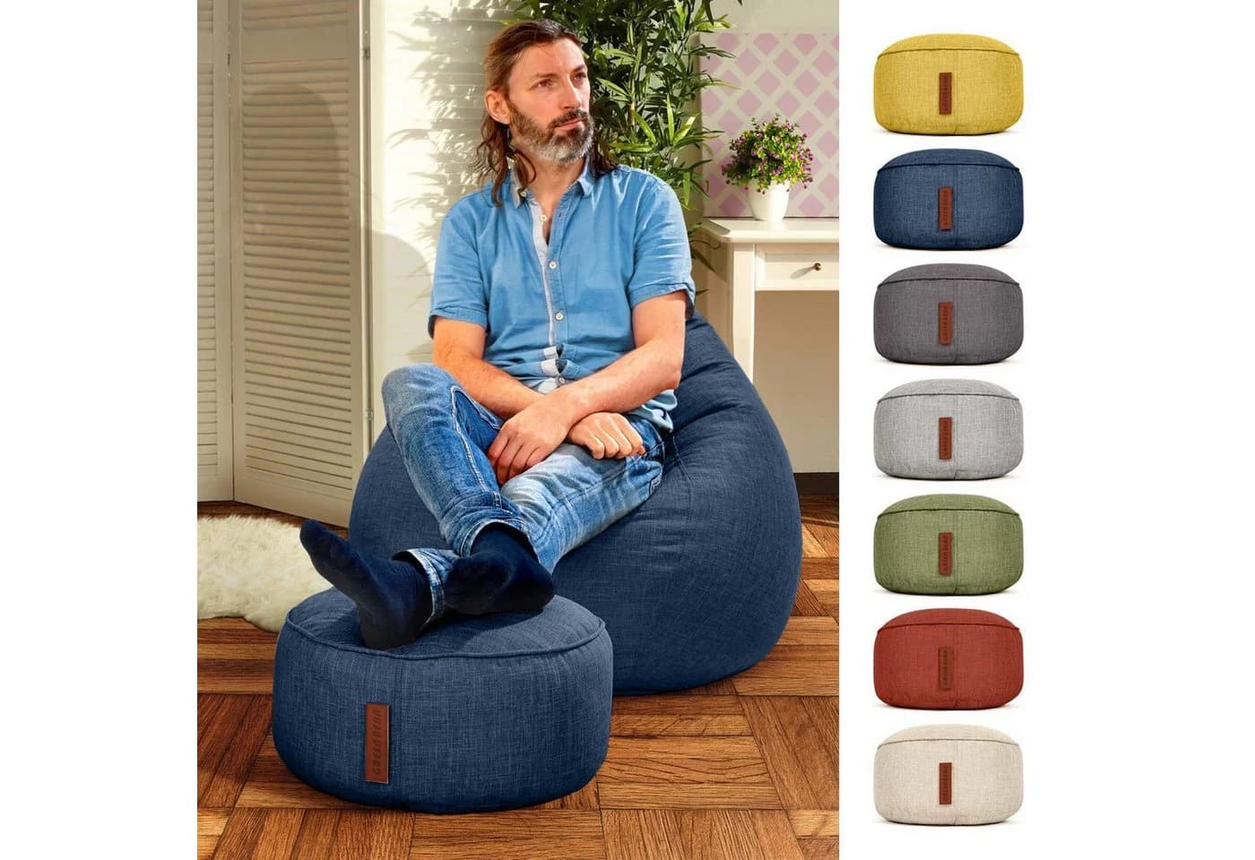 Green Bean Home-Linen Pouf: Dunkelblau Sitzsack mit EPS-Perlen Füllung