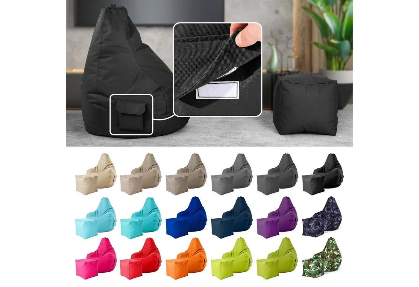 Green Bean Gaming Sitzsack + Hocker Cozy+Cube Schwarz 2er Set
