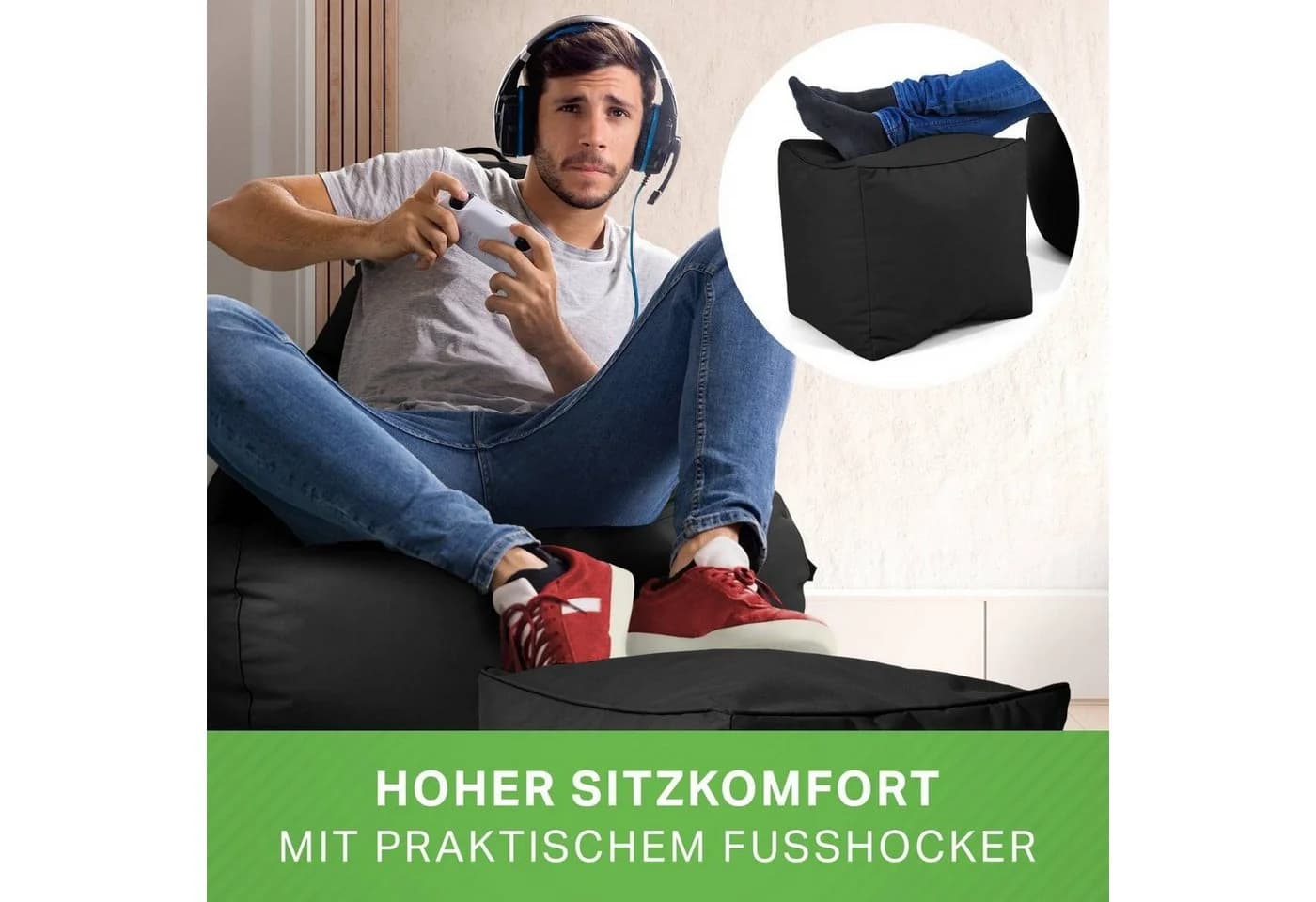 Green Bean Gaming Sitzsack + Hocker Cozy+Cube Schwarz 2er Set - Bild 4