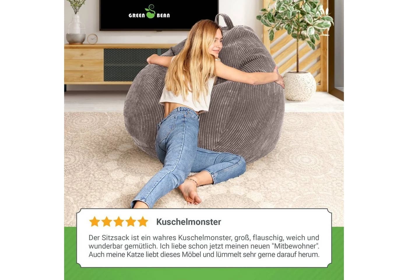 Green Bean Sitzsack Indoor Scoop 90x110cm Cord Grau - Bild 4