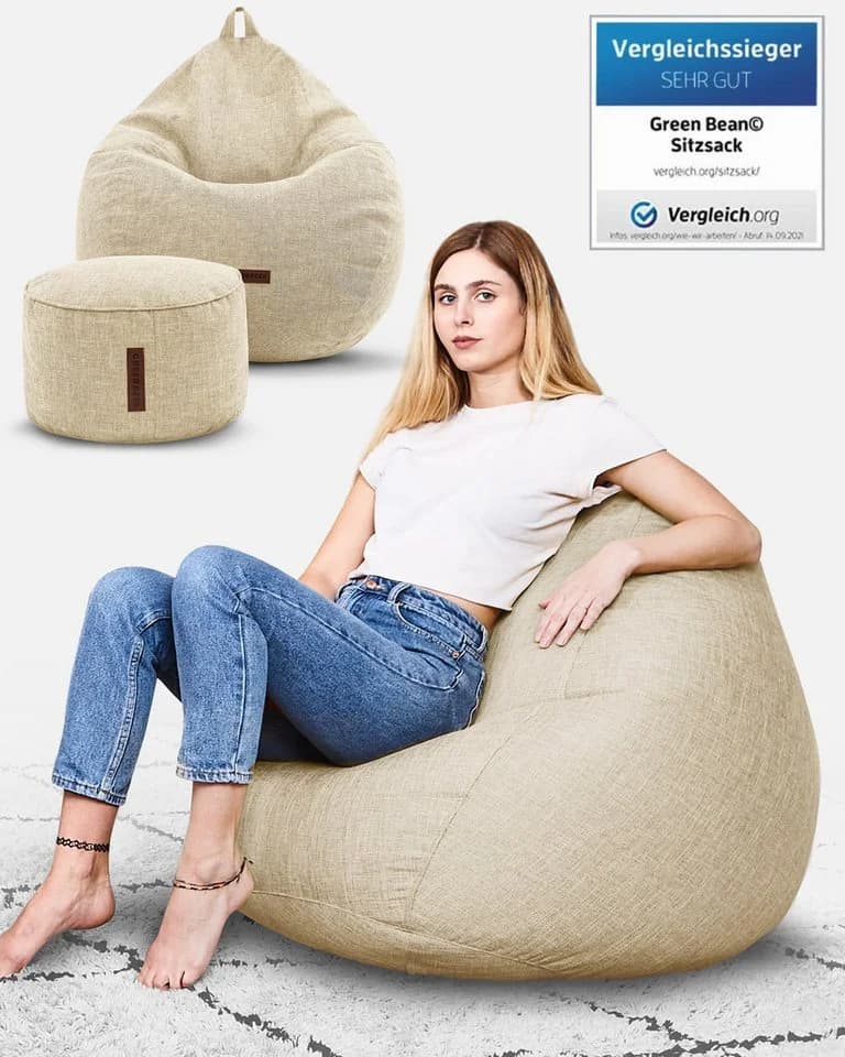Green Bean Sitzsack Indoor 2er Set mit Hocker Leinen Beige