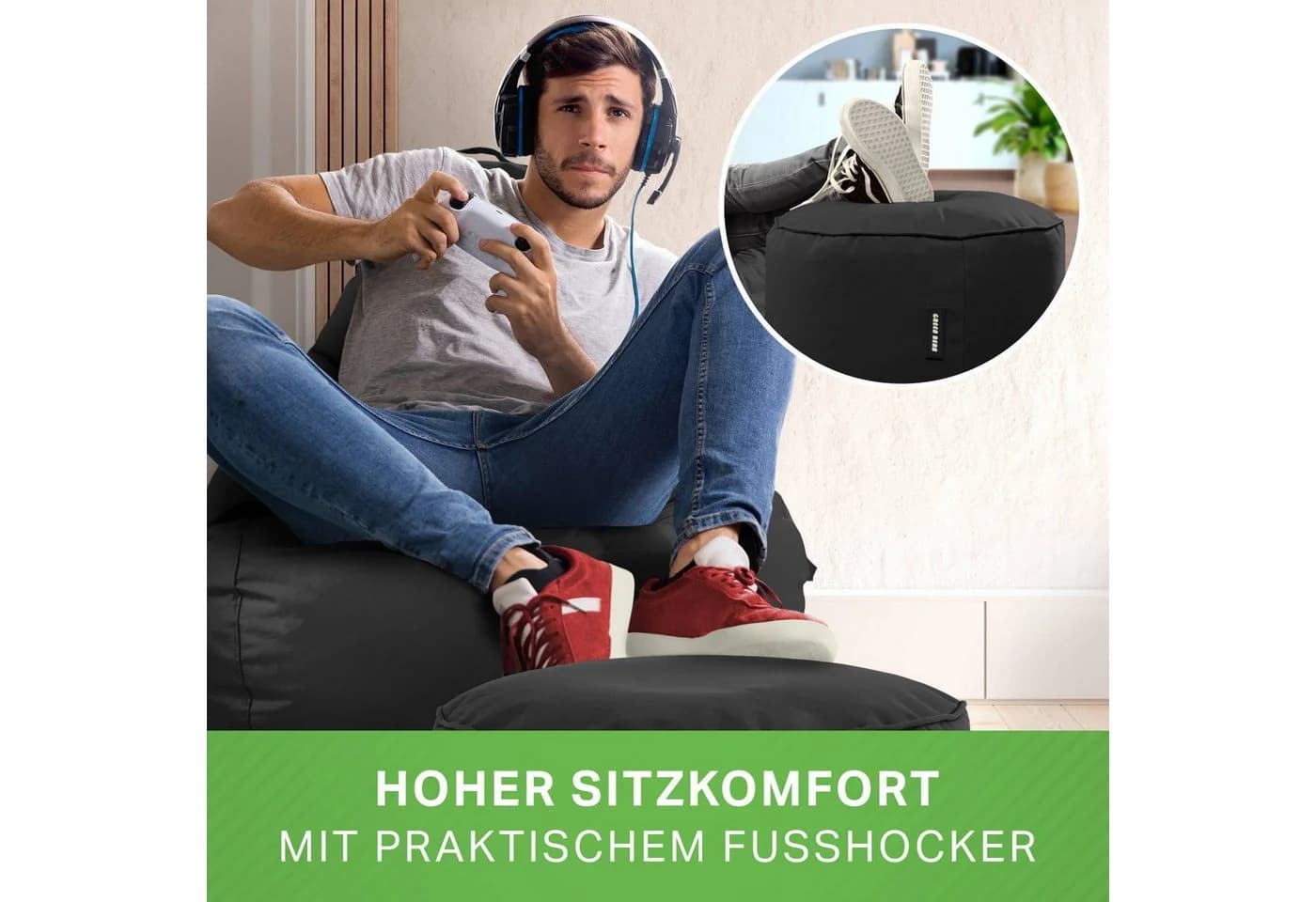 Green Bean Gaming Sitzsack + Hocker Cozy+Cube Schwarz - Bild 4
