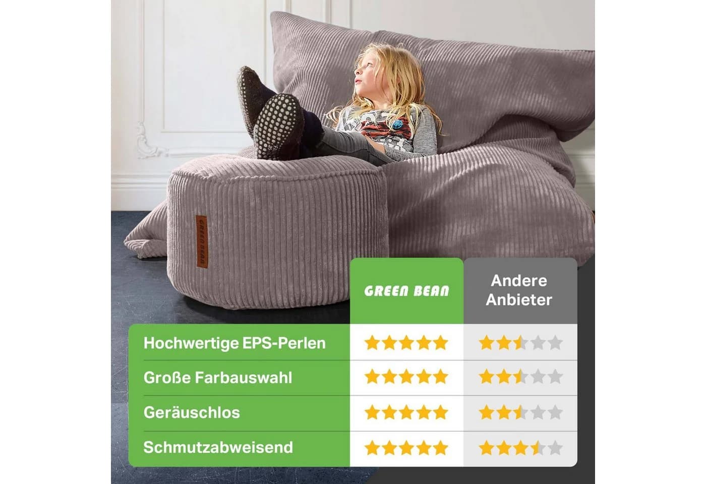 Green Bean Sitzsack XXL Grau Cord + Hocker Set - Bild 5