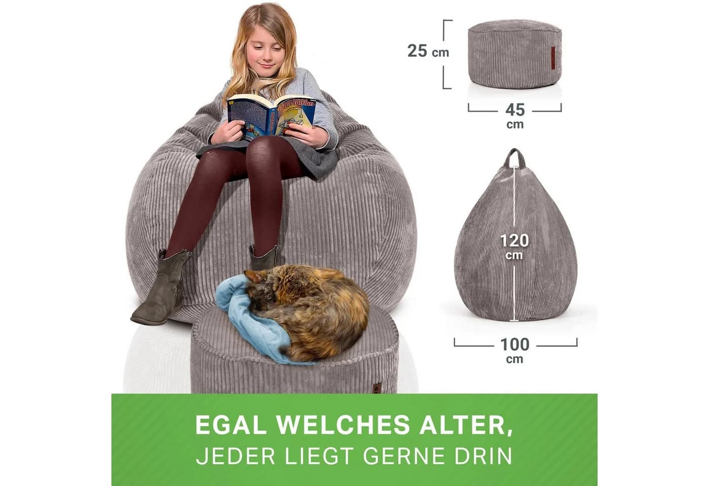 Green Bean Sitzsack XXL Scoop + Hocker Cord Grau Indoor