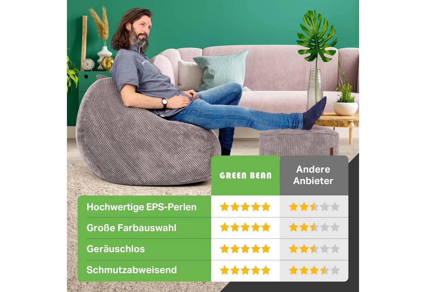 Green Bean Sitzsack XXL Scoop + Hocker Cord Grau Indoor - Bild 3