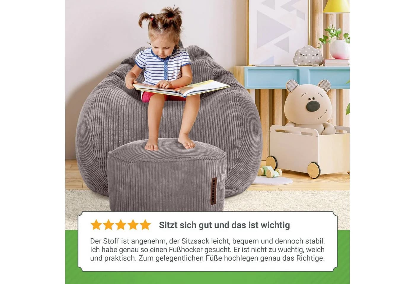 Green Bean Sitzsack XXL Scoop + Hocker Cord Grau Indoor - Bild 4