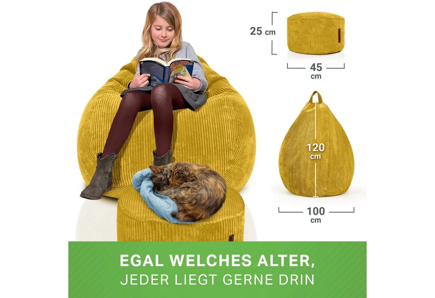 Green Bean Sitzsack XXL Set mit Hocker Cord Gelb