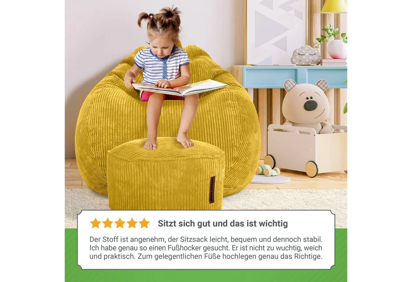 Green Bean Sitzsack XXL Set mit Hocker Cord Gelb - Bild 4