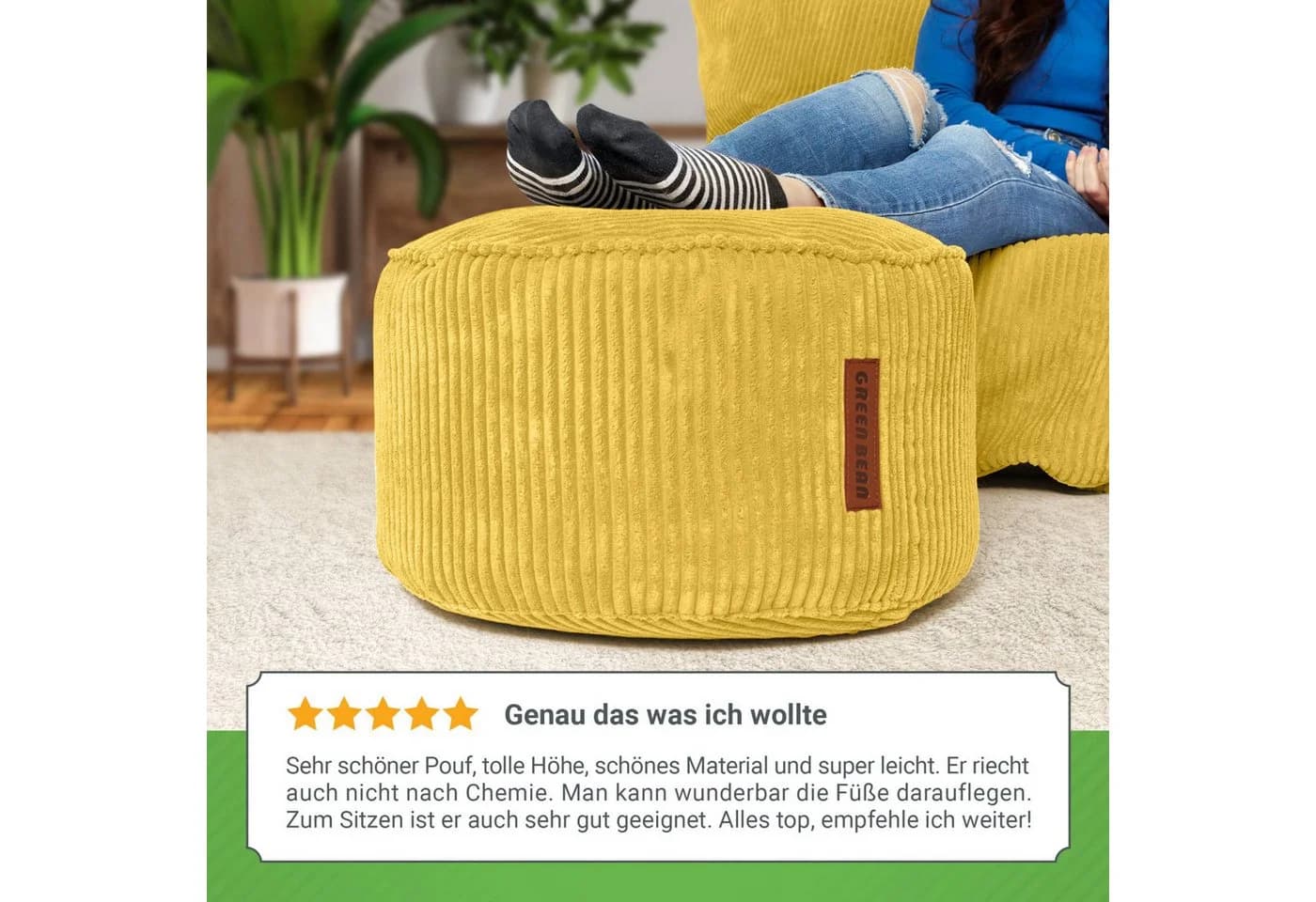 Green Bean Pouf Sitzhocker Cord 45x25cm Gelb Made in Germany - Bild 3