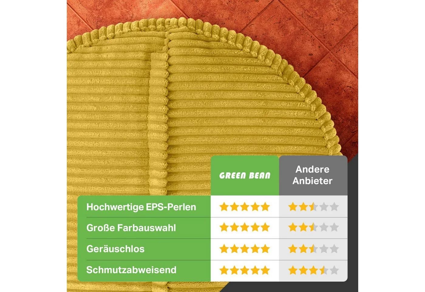 Green Bean Pouf Sitzhocker Cord 45x25cm Gelb Made in Germany - Bild 4