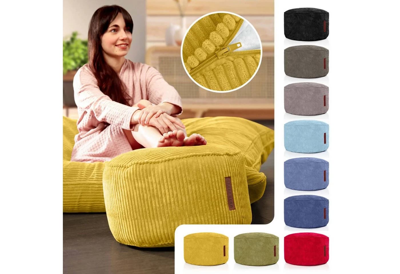 Green Bean Pouf Sitzhocker Cord 45x25cm Gelb Made in Germany - Bild 5