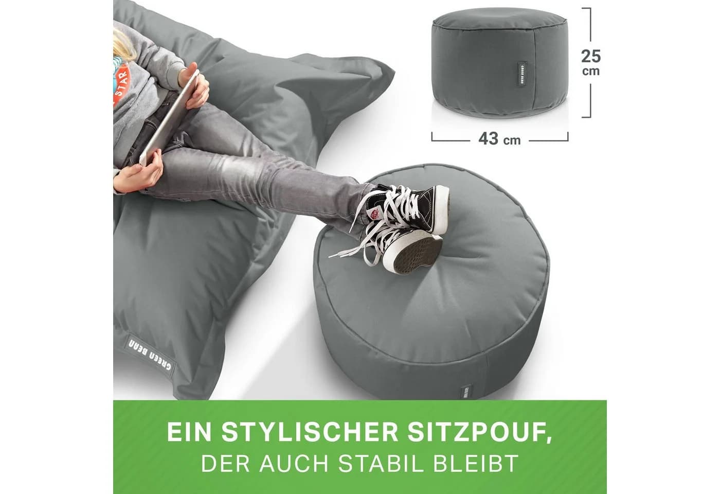 Green Bean Pouf Stay Grau - Vielseitiger Sitzwürfel mit EPS-Perlen - Bild 4