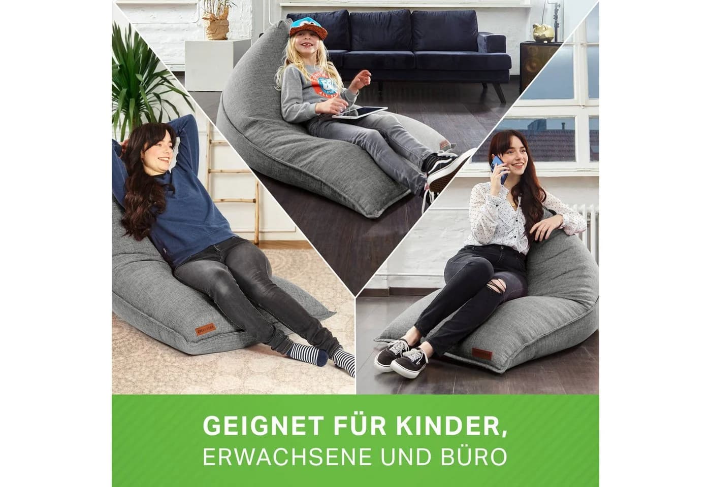 Green Bean Indoor Sitzsack Dreieck Grau Leinen-Look