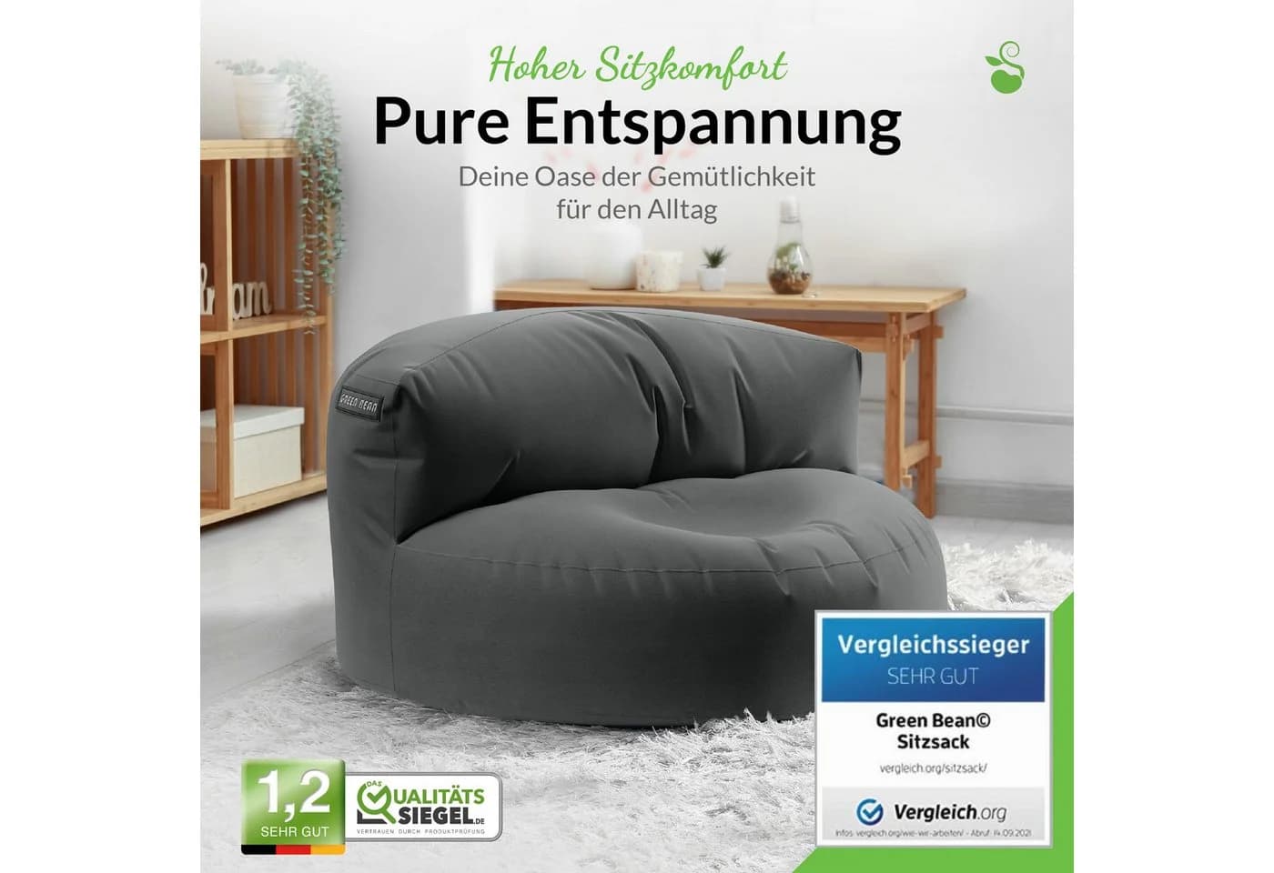 Green Bean Sitzsack Lounge mit Rückenlehne, wasserabweisender & abwaschbarer Bezug