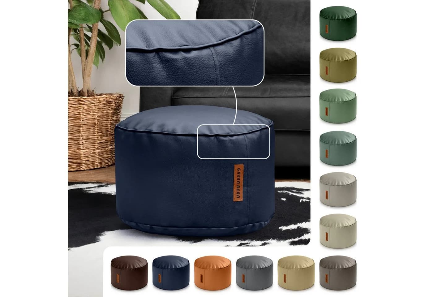 Green Bean Pouf Sitzsack-Hocker Kunstleder Stay rund Dunkelblau