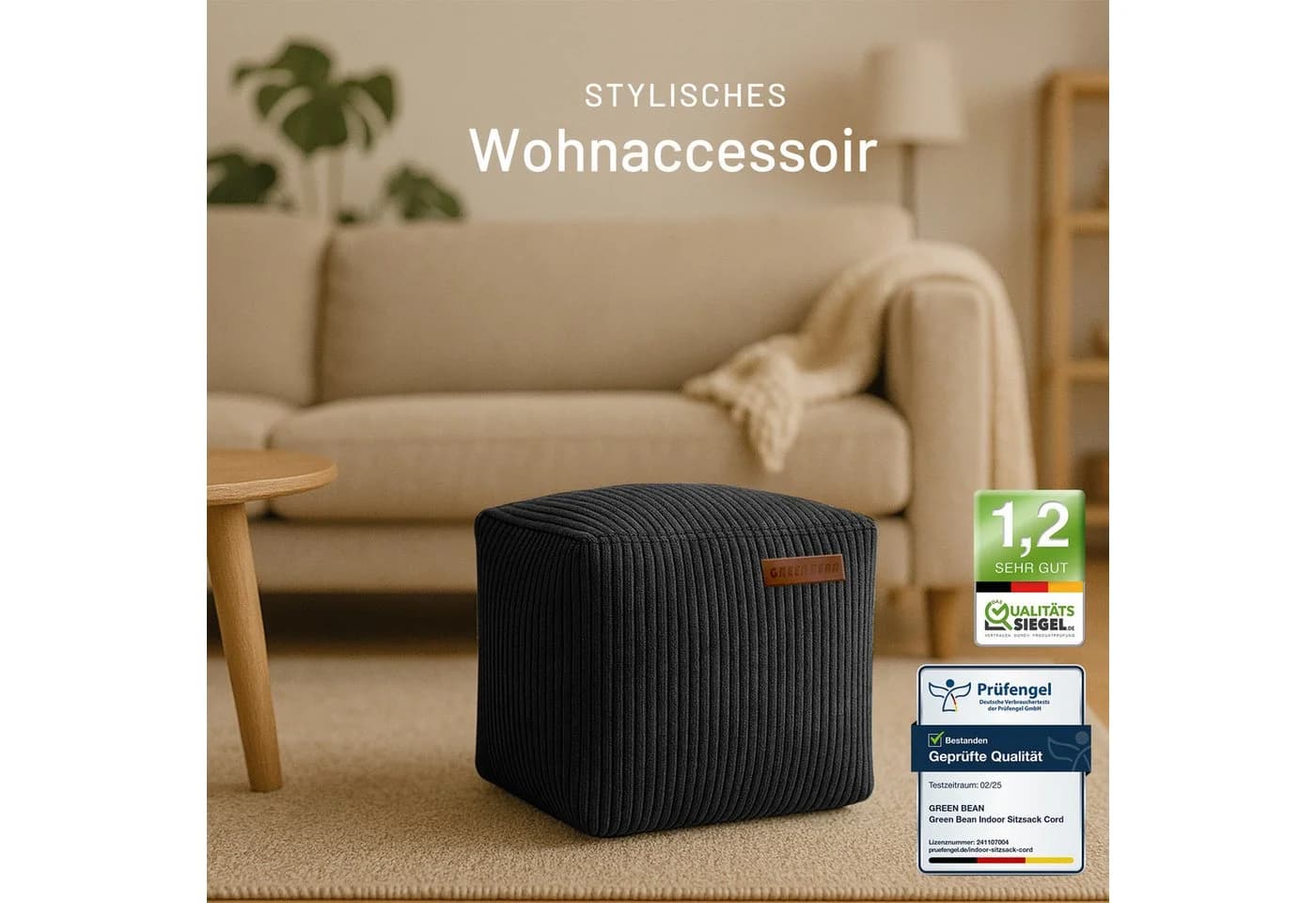 Green Bean Pouf Cube Cord Sitzhocker Schwarz Lederimitat - Bild 4