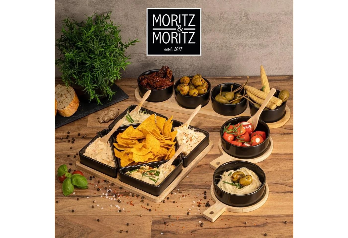 Moritz & Moritz Servierschale 4x Dipschalen Schwarz mit Bambusuntersetzer - Bild 4