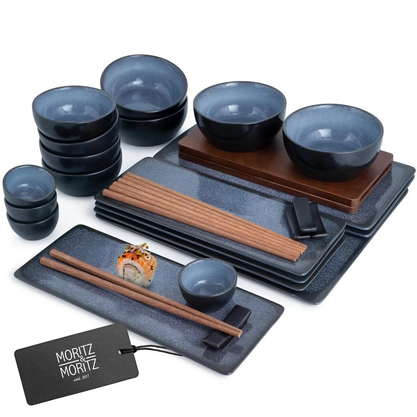 Moritz & Moritz 29tlg. Sushi Set Blau/Grau Porzellan & Bambus - Bild 2