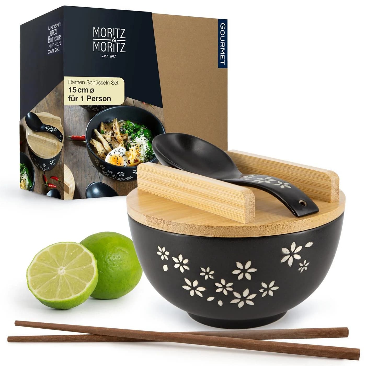 Moritz & Moritz Ramen Set mit Blumen Keramik Bambus Mattschwarz - Bild 2