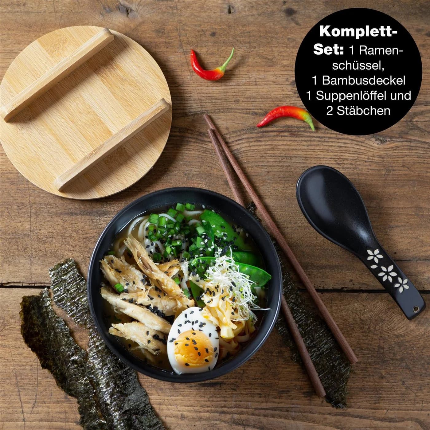 Moritz & Moritz Ramen Set mit Blumen Keramik Bambus Mattschwarz - Bild 3