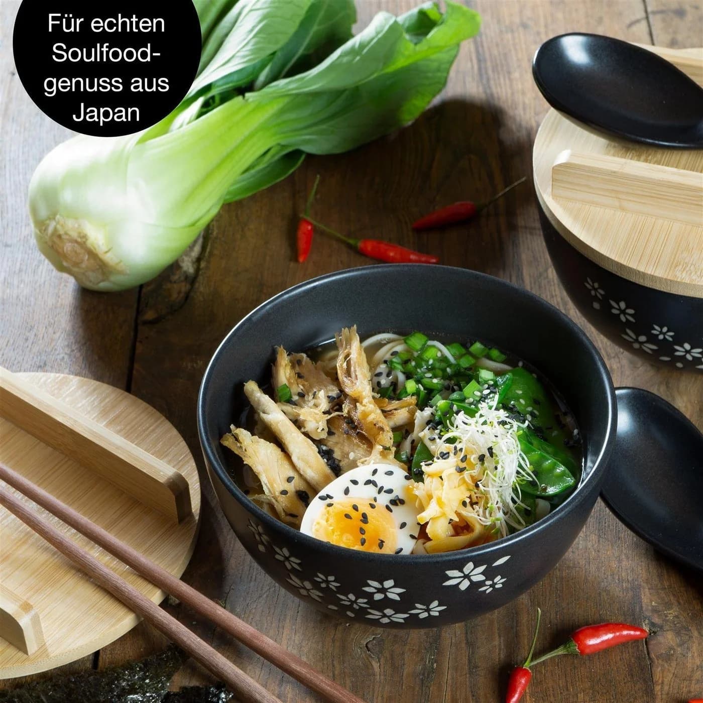 Moritz & Moritz Ramen Set mit Blumen Keramik Bambus Mattschwarz - Bild 4