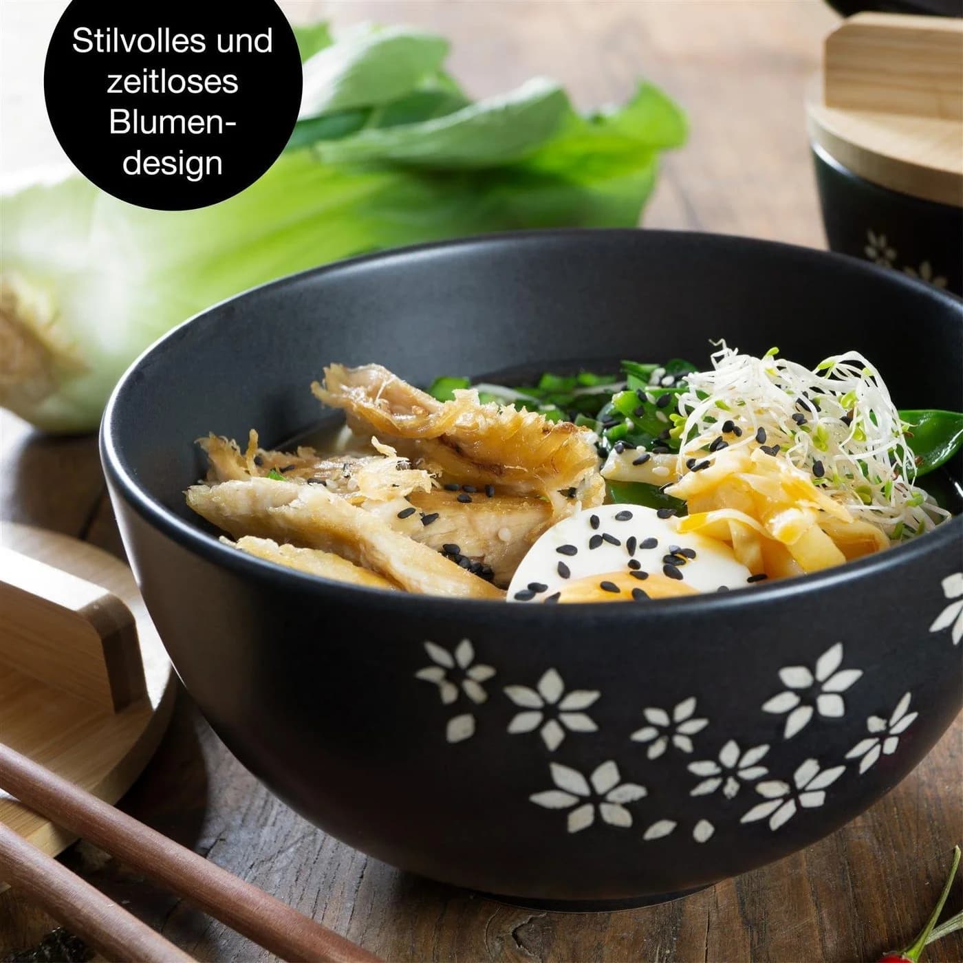 Moritz & Moritz Ramen Set mit Blumen Keramik Bambus Mattschwarz - Bild 5