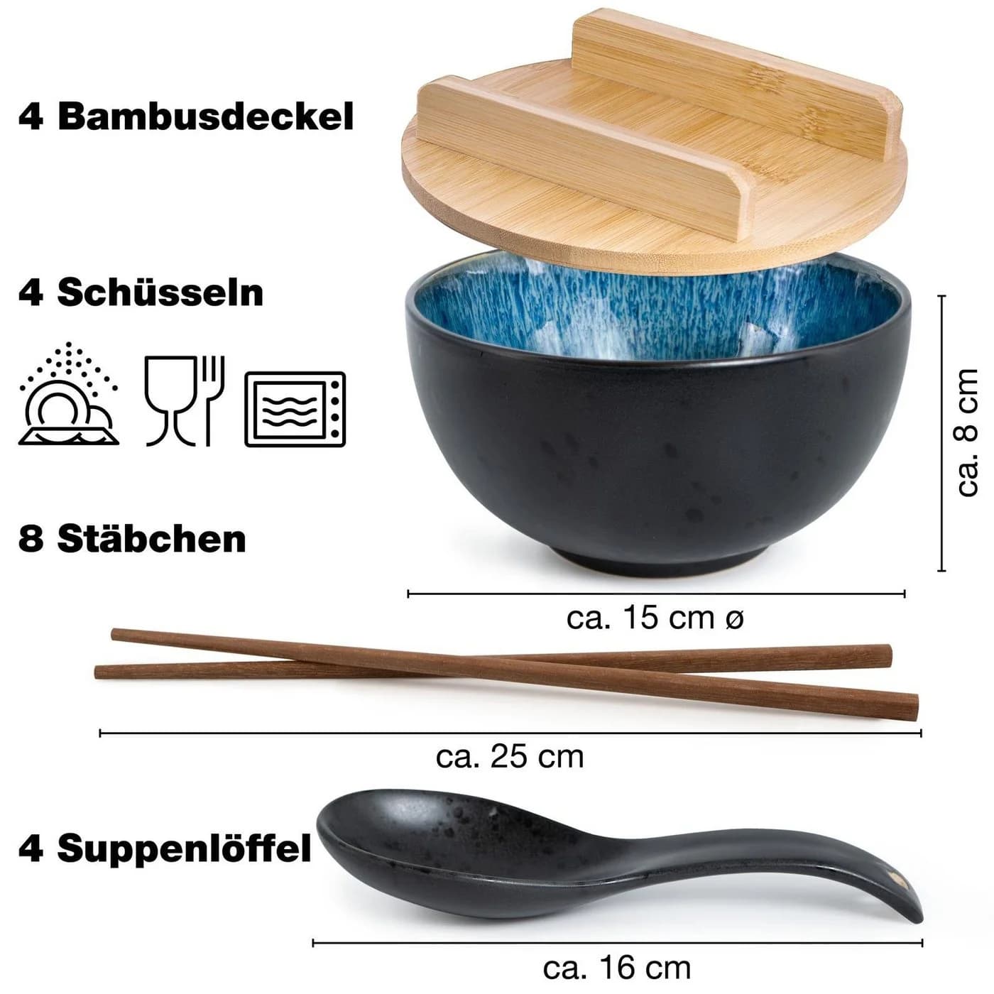 Moritz & Moritz Ramen Set 4-tlg. Keramik Blau/Schwarz mit Bambus