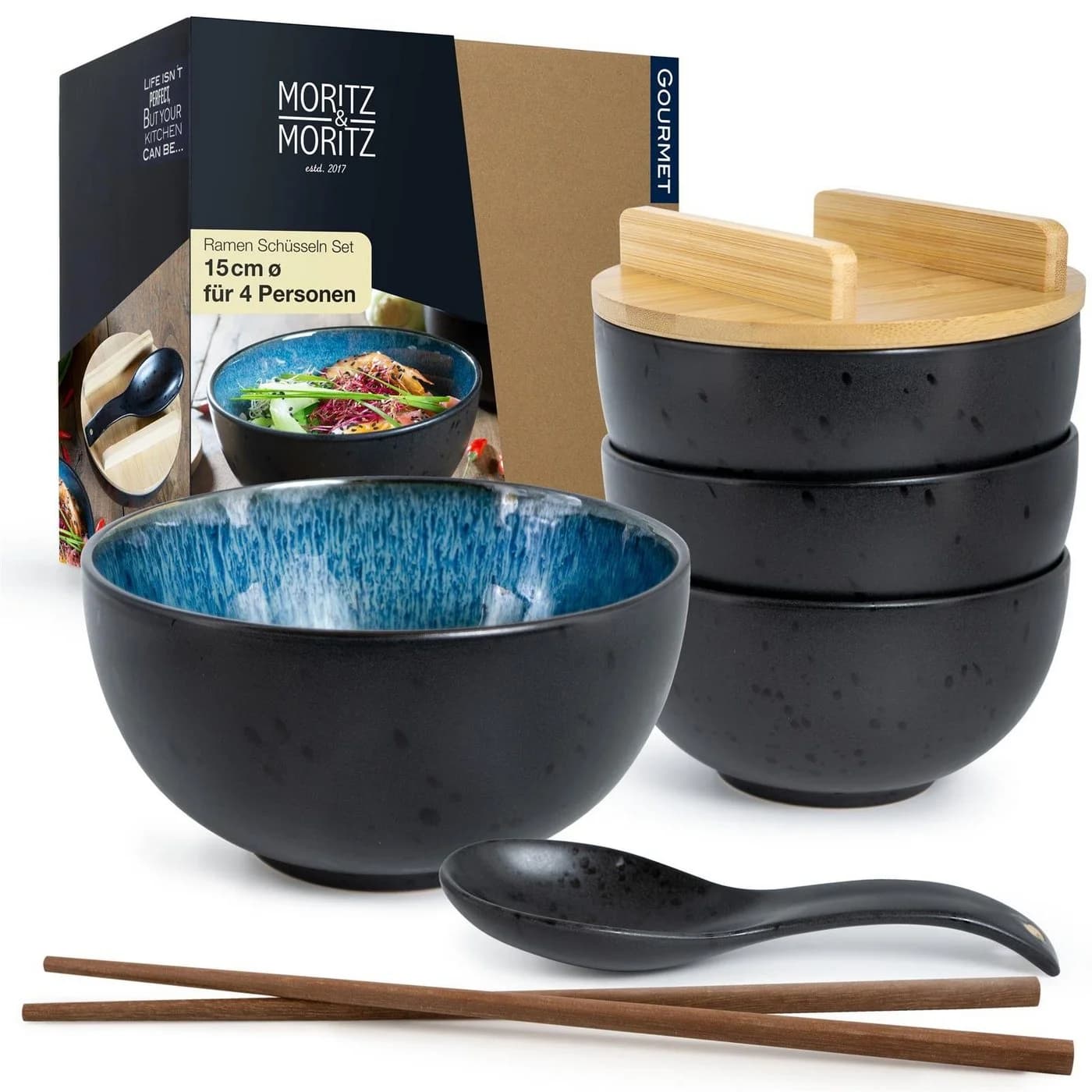 Moritz & Moritz Ramen Set 4-tlg. Keramik Blau/Schwarz mit Bambus - Bild 2