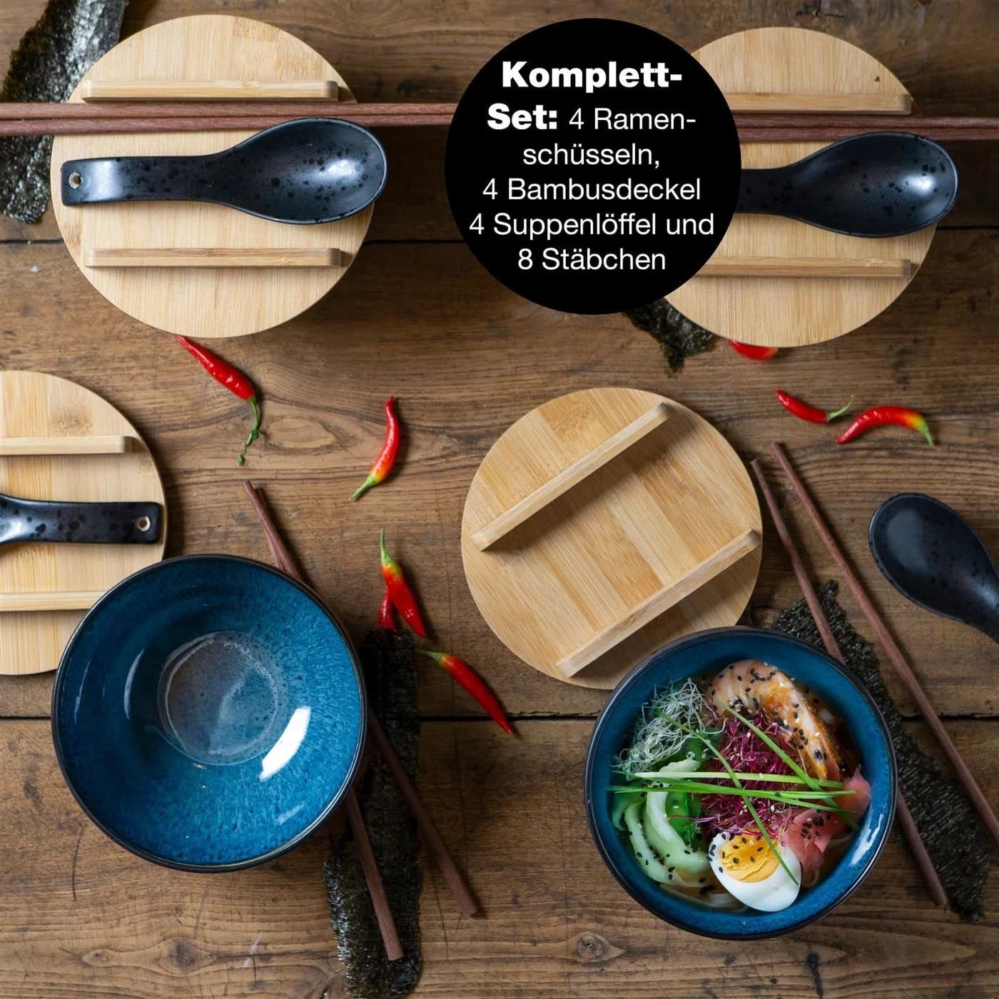 Moritz & Moritz Ramen Set 4-tlg. Keramik Blau/Schwarz mit Bambus - Bild 3