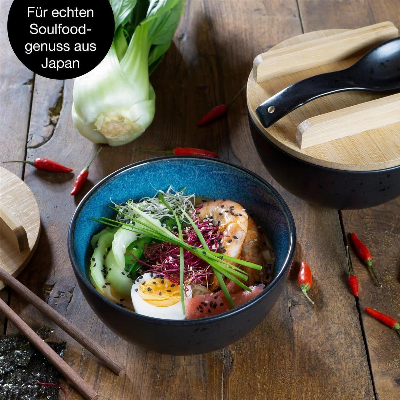 Moritz & Moritz Ramen Set 4-tlg. Keramik Blau/Schwarz mit Bambus - Bild 5