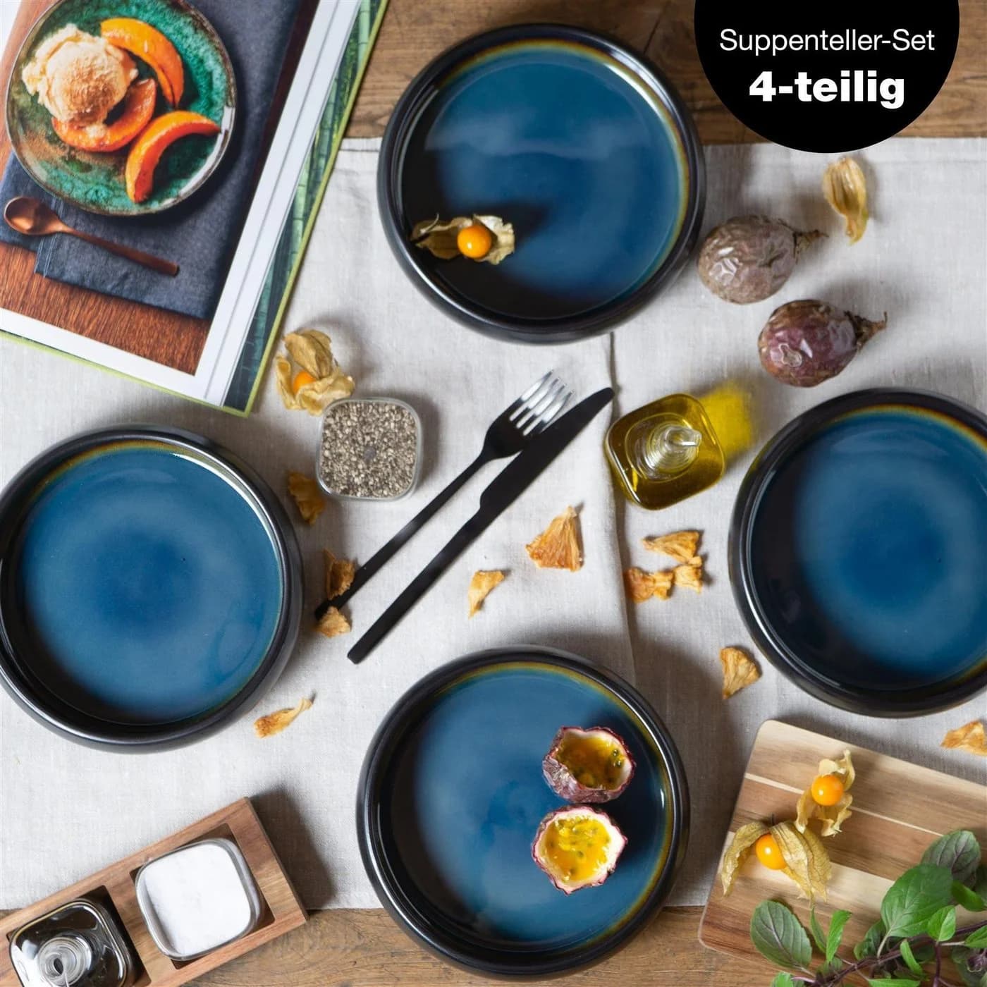 Moritz & Moritz Suppenteller Set 4-tlg. Blau/Braun Steinzeug