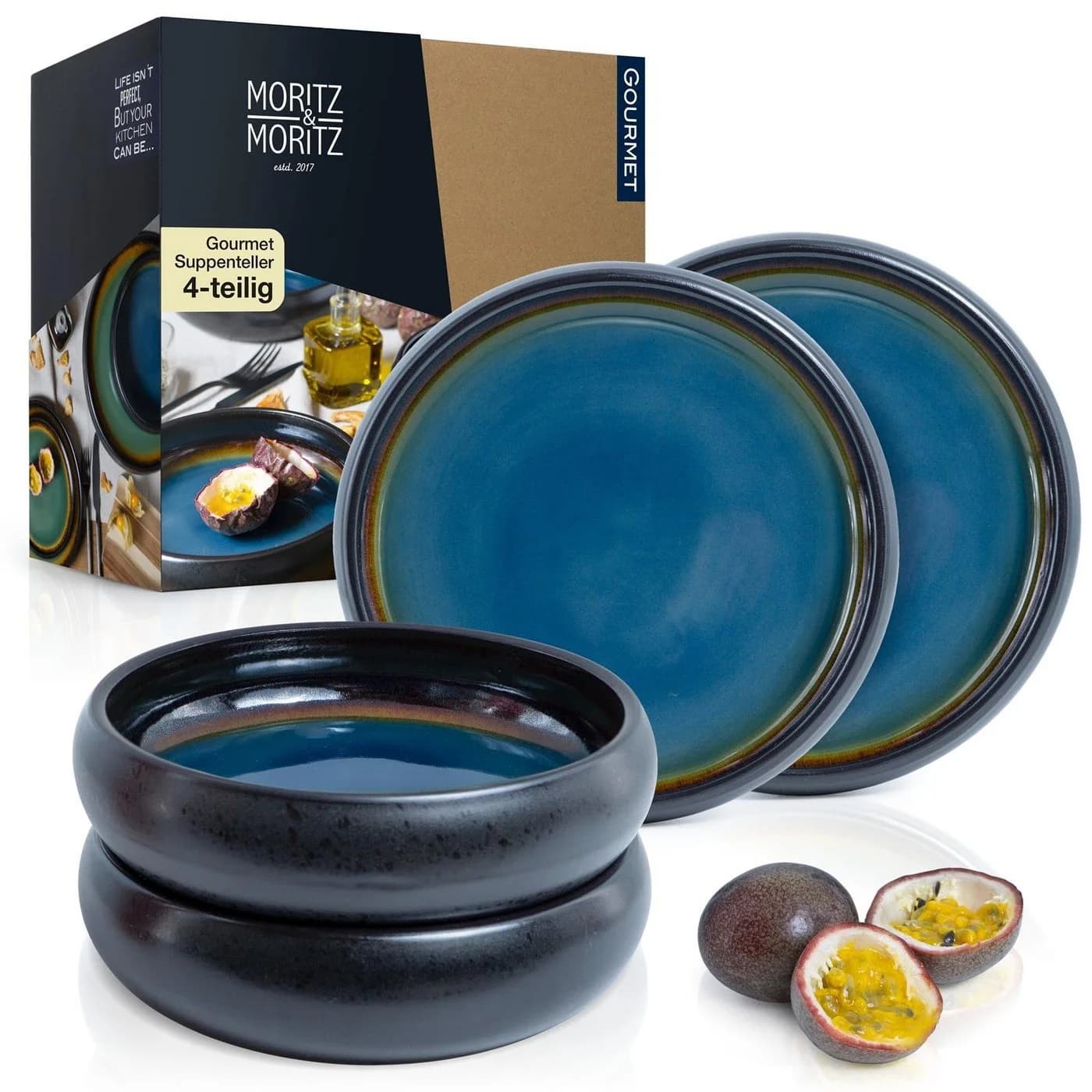 Moritz & Moritz Suppenteller Set 4-tlg. Blau/Braun Steinzeug - Bild 2