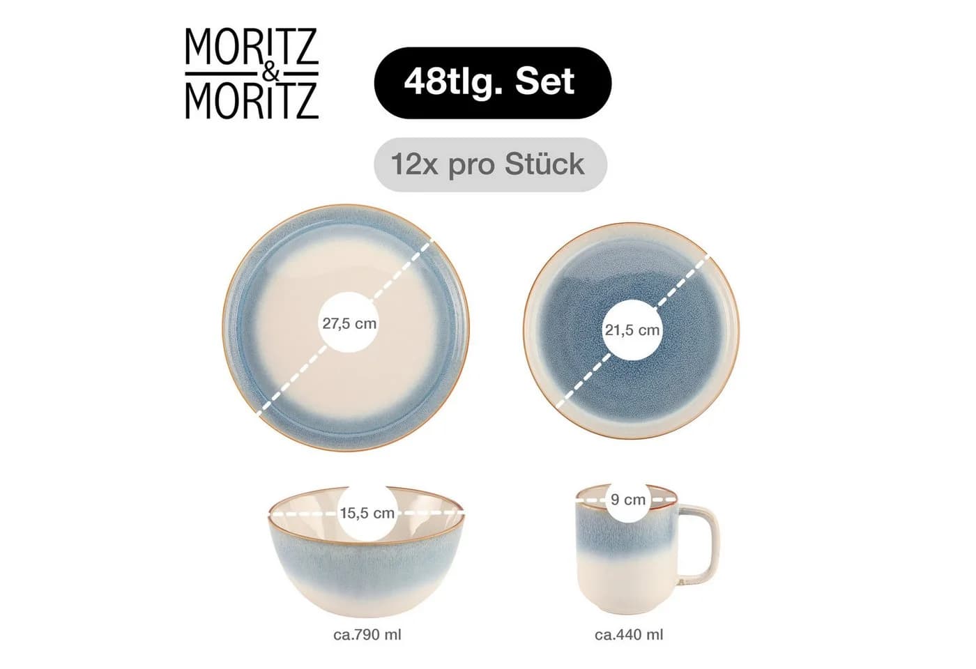 Moritz & Moritz Kombiservice TARENTO Geschirrset 48tlg Blau Vintage