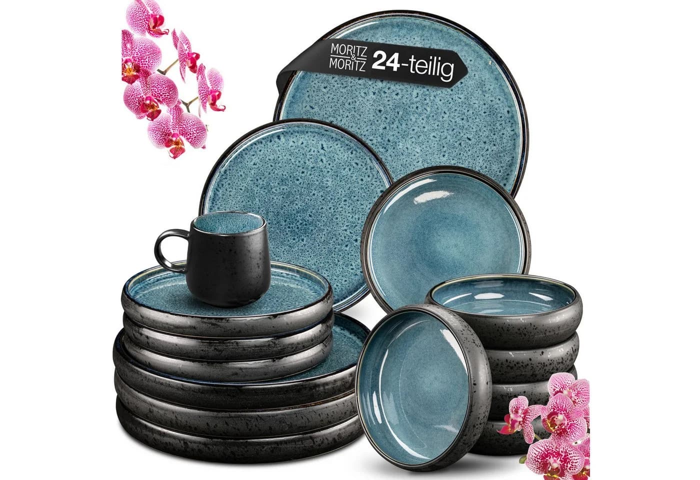Moritz & Moritz Tafelservice SOLID 24tlg Geschirrset Blau/Schwarz Steinzeug - Bild 2