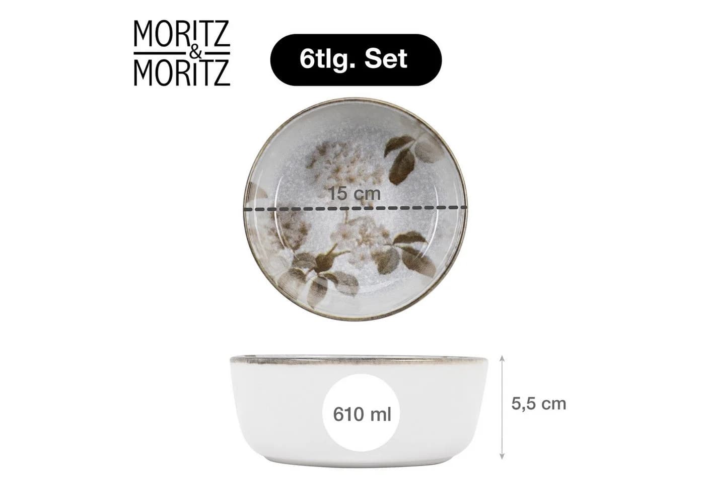 Moritz & Moritz Müslischalen 6er Set BLOSSOM Grau Floral