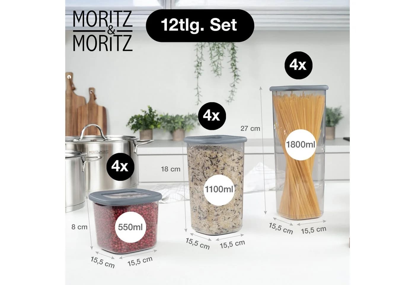 Moritz & Moritz Vorratsdosen 12er Set Grau Transparent Stapelbar
