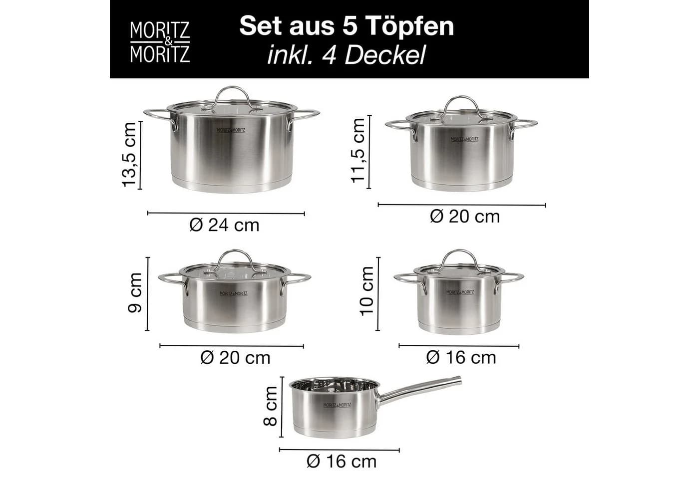 Moritz & Moritz Topf-Set Edelstahl 9-teilig mit Glasdeckel
