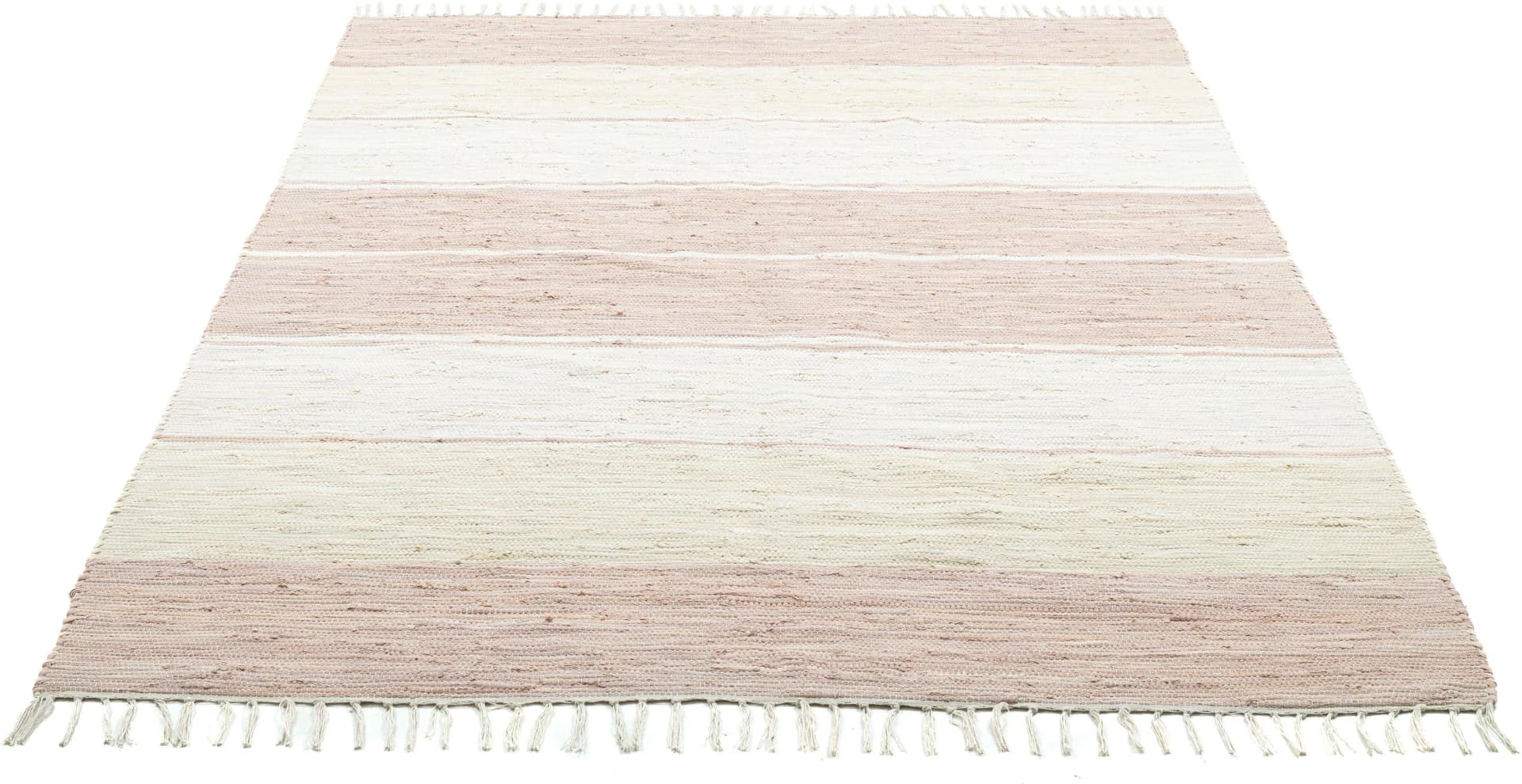 THEKO Stripe Cotton Teppich handgewebt beige gestreift