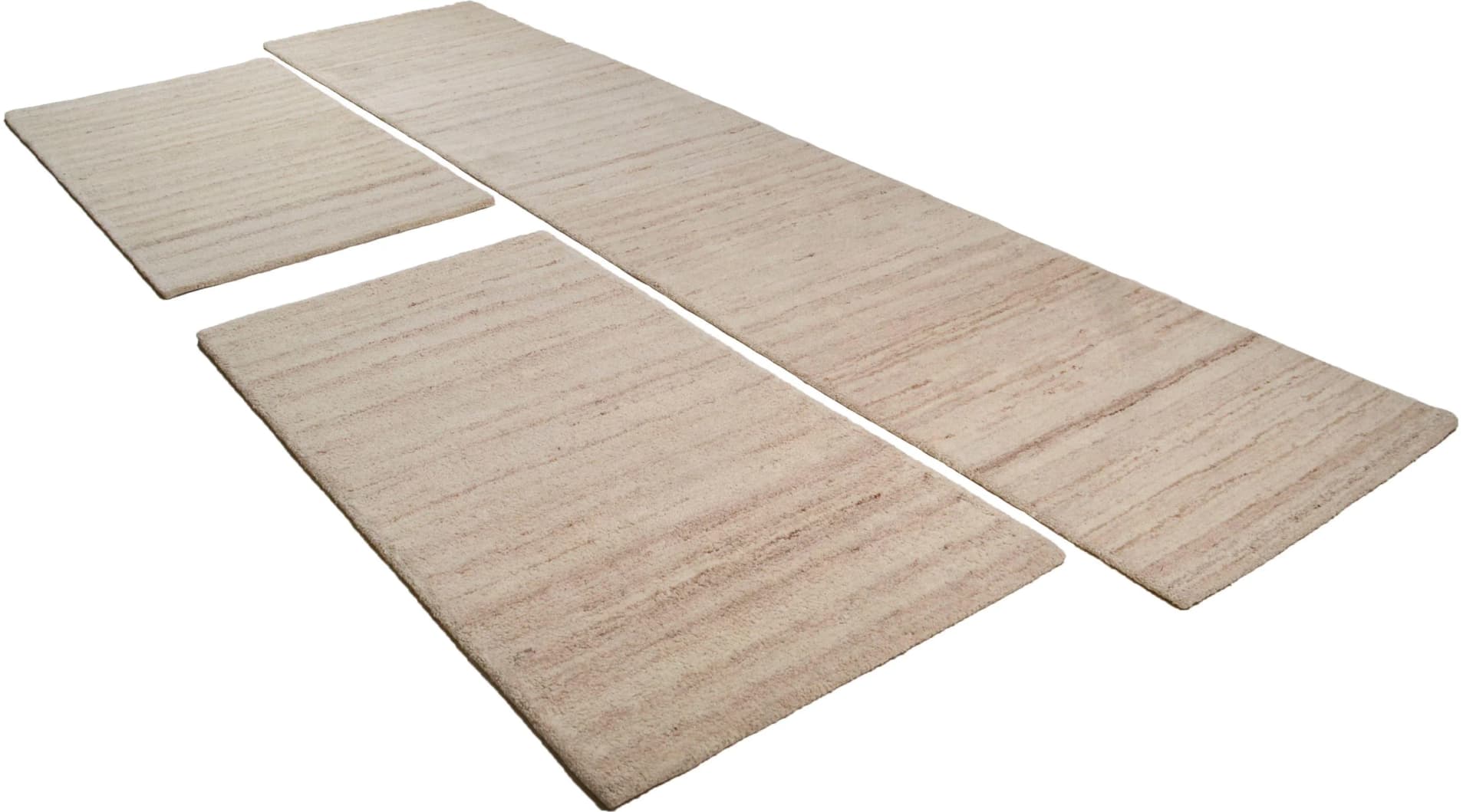 THEKO Royal Berber Uni Bettumrandung Set 100% Schurwolle Beige Grau