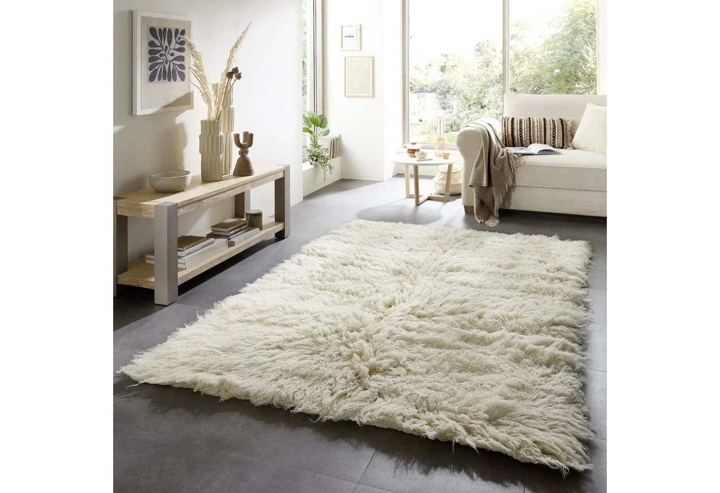 THEKO Wollteppich Flokos 2 Uni Beige Hochflor 70x140cm - Bild 2