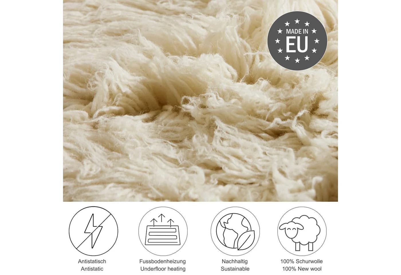 THEKO Wollteppich Flokos 2 Uni Beige Hochflor 70x140cm - Bild 3