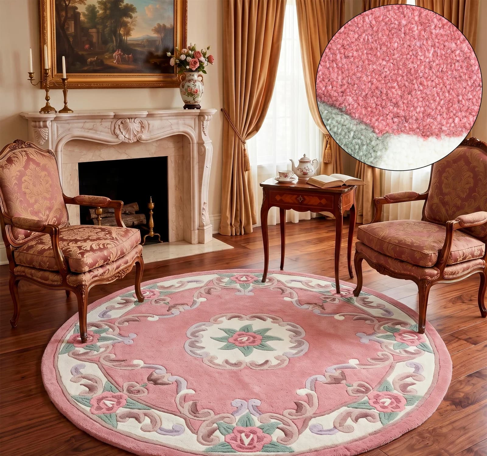 THEKO Teppich Ming Handgetuftet Rosa Floral Rund