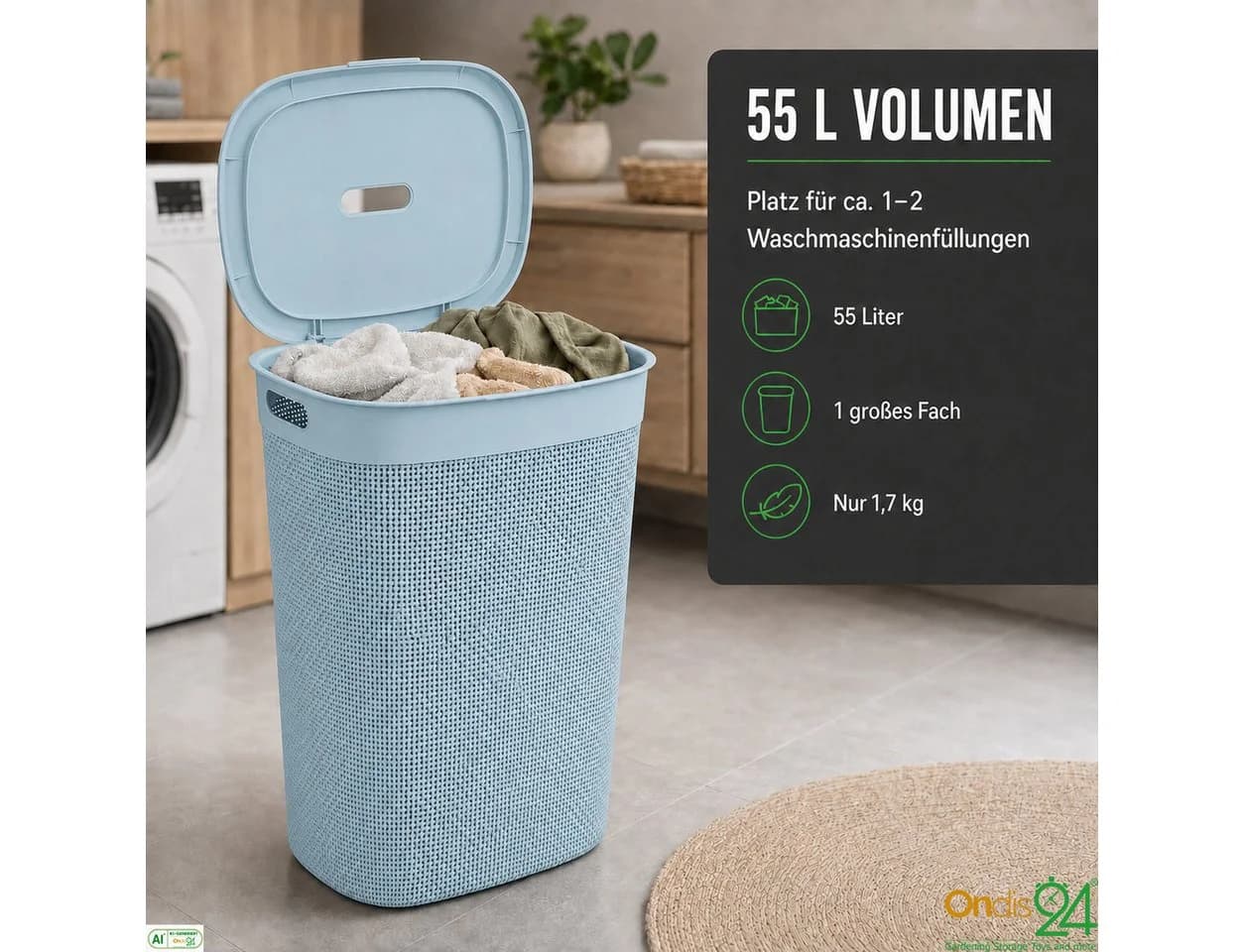 ONDIS24 Wäschekorb Filo 60L Blau Kunststoff Belüftet - Bild 3