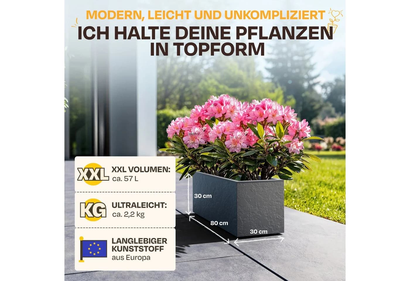 ONDIS24 Blumenkasten Vulkan 57L mit Wasserspeicher Gestein Optik