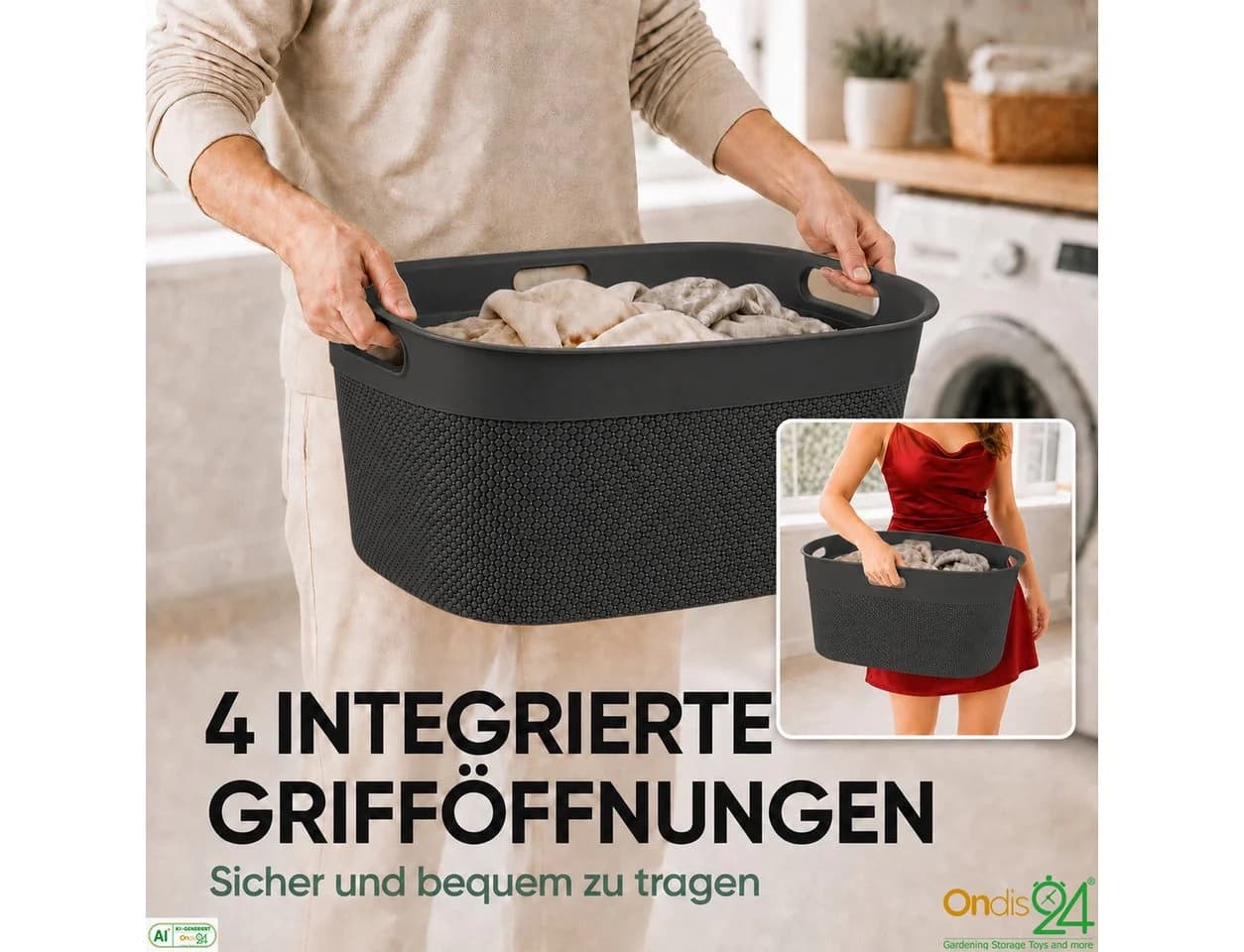 ONDIS24 Wäschekorb Filo 45 L Grau Kunststoff - Bild 4