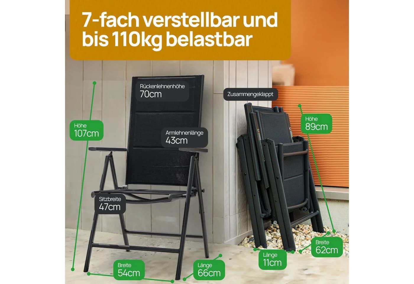 ONDIS24 Gartenstuhl Vinoro Deluxe Aluminium Klappsessel 2er Set Schwarz/Silber - Bild 5