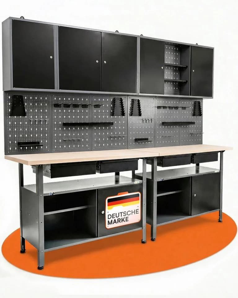 ONDIS24 Werkstatt-Set mit Werkbank, Hängeschrank & Werkzeugwand Metall Grau - Bild 2