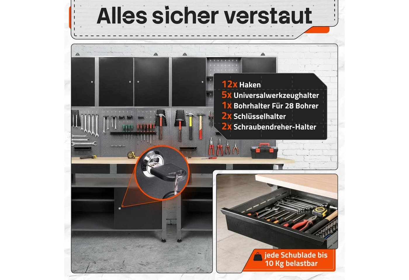 ONDIS24 Werkstatt-Set mit Werkbank, Hängeschrank & Werkzeugwand Metall Grau - Bild 3