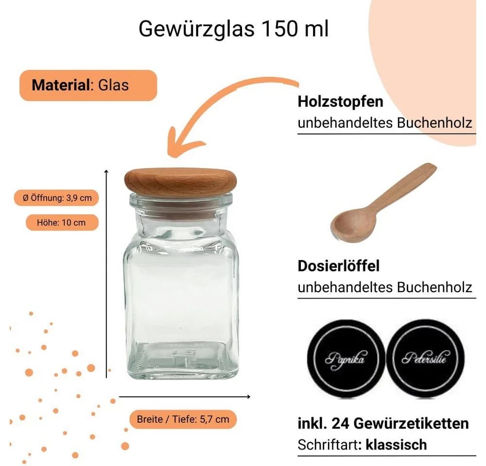 mikken Gewürzbehälter 8-tlg. Glas eckig mit Holzdeckel & Zubehör