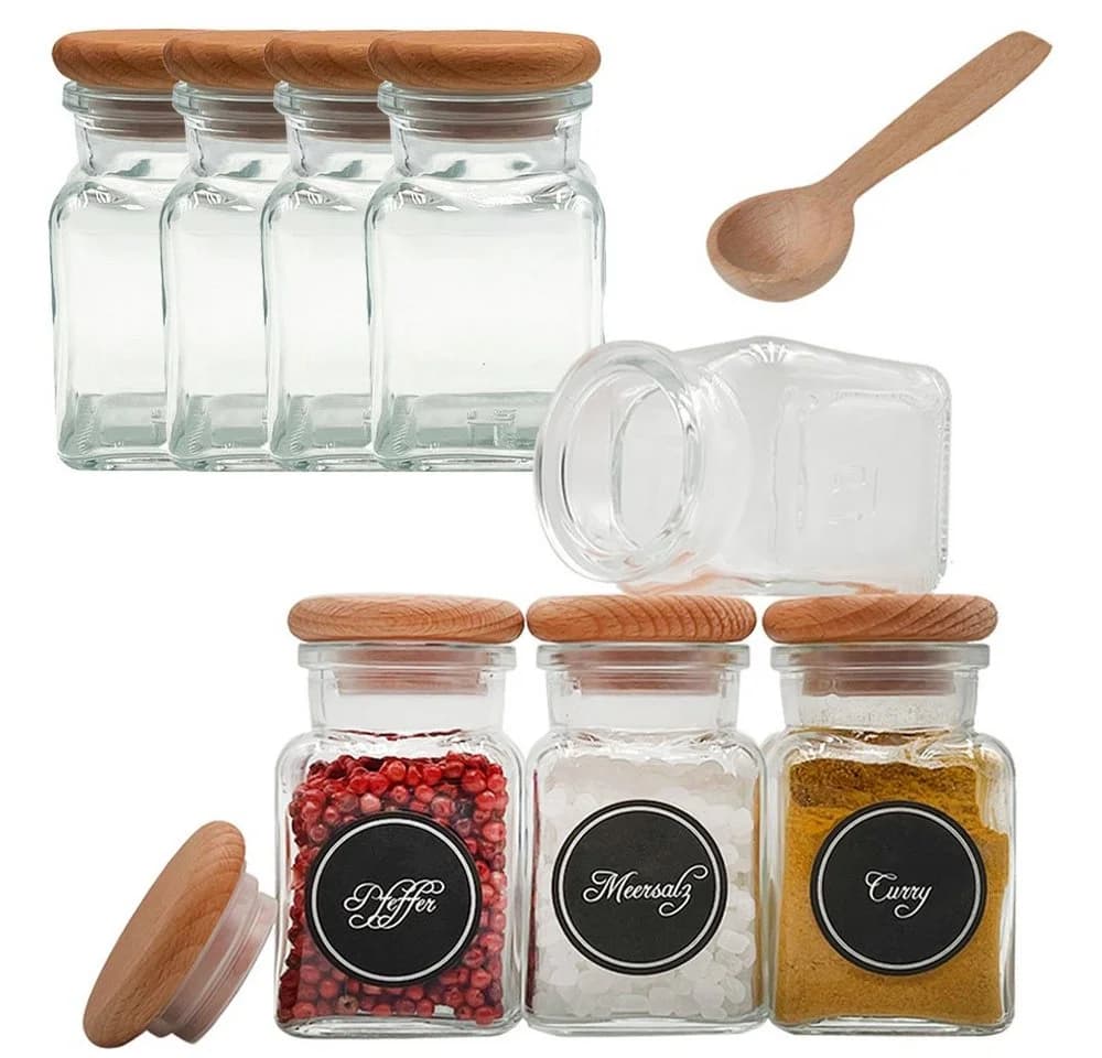 mikken Gewürzbehälter 8-tlg. Glas eckig mit Holzdeckel & Zubehör - Bild 2